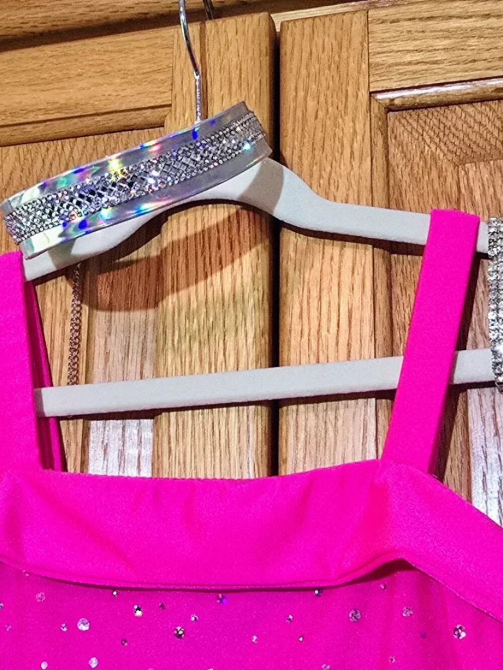 Revolution Dancewear Hot Pink Rhinestone Dance Costume Child LG + Gloves Choker